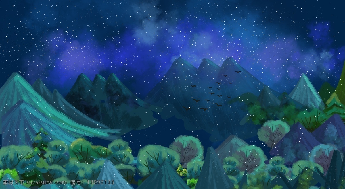 唯美 璀璨 星空 森林 海报 背景 手绘 文艺 小清新 浪漫 夜空 星星 花朵 草丛 背景模板