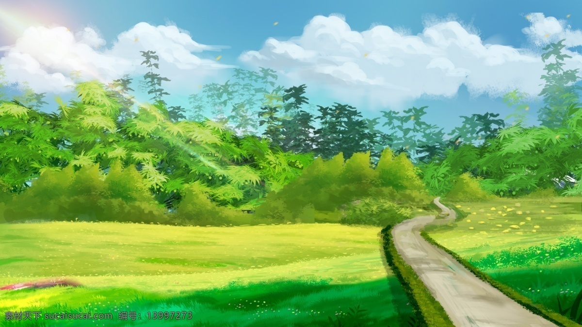 春天 你好 唯美 清新 风景 插画 背景 森系背景 树林背景 树叶背景 绿色背景 治愈系背景 插画背景 植物背景
