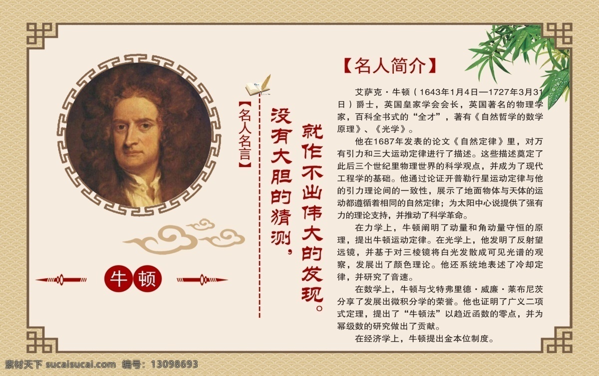 名人名言牛顿 名人名言 牛顿 简介 海报 校园文化 展板模板