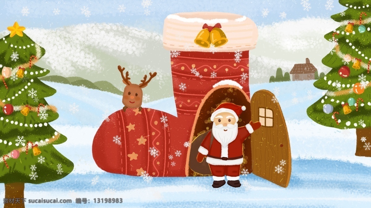 圣诞节 袜子 屋里 圣诞 老爷爷 雪花 雪景 冬天 小清新 圣诞老人 麋鹿 圣诞树 铃铛