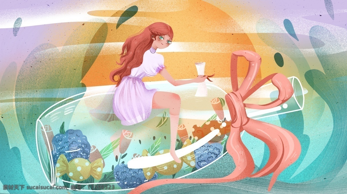 女孩 漂流 瓶 唯美 肌理 插画 梦幻 可爱 大海 花卉 少女 漂流瓶 夕阳