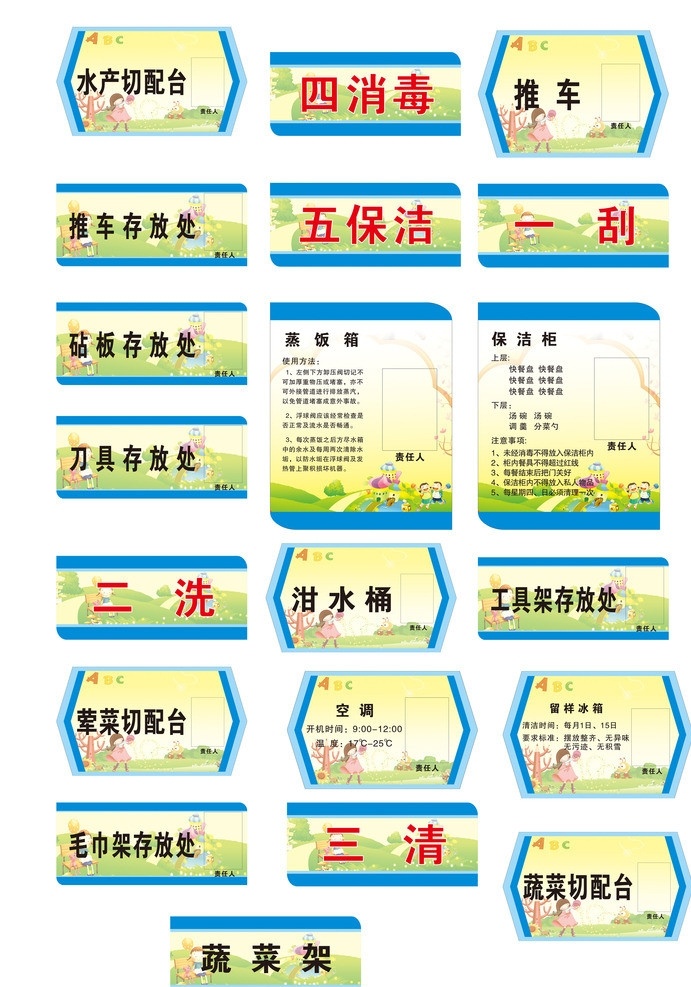标贴 蔬菜清洗池 荤菜清洗池 消毒 保洁 刮 二 洗 三清 四 五 泔水桶 蔬菜架 推车存放处 砧板存放处 蒸饭箱 保洁柜 水产切配台 荤菜切配台 蔬菜切配台 推车 工具架存放处 刀具存放处 空调 留样冰箱 写真展板 矢量