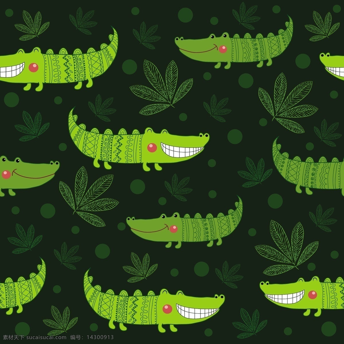 绿色 鳄鱼 矢量 图案 树叶 矢量素材 动物 草 植物