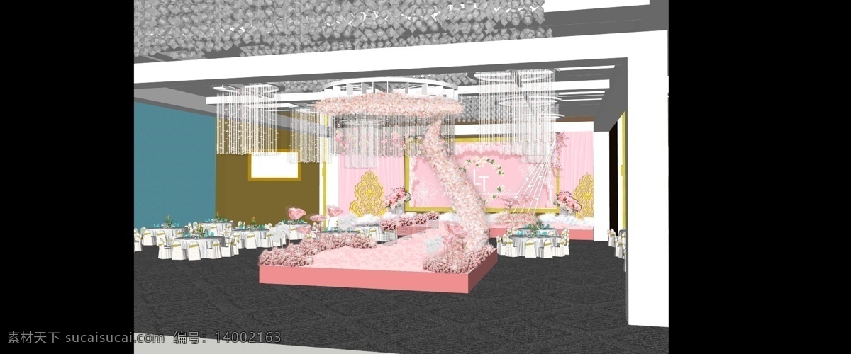粉色 室内 3d 婚礼 效果图 粉色3d婚礼 仪式 区 吊顶 粉色花艺婚礼 白色线帘 欧式雕花婚礼
