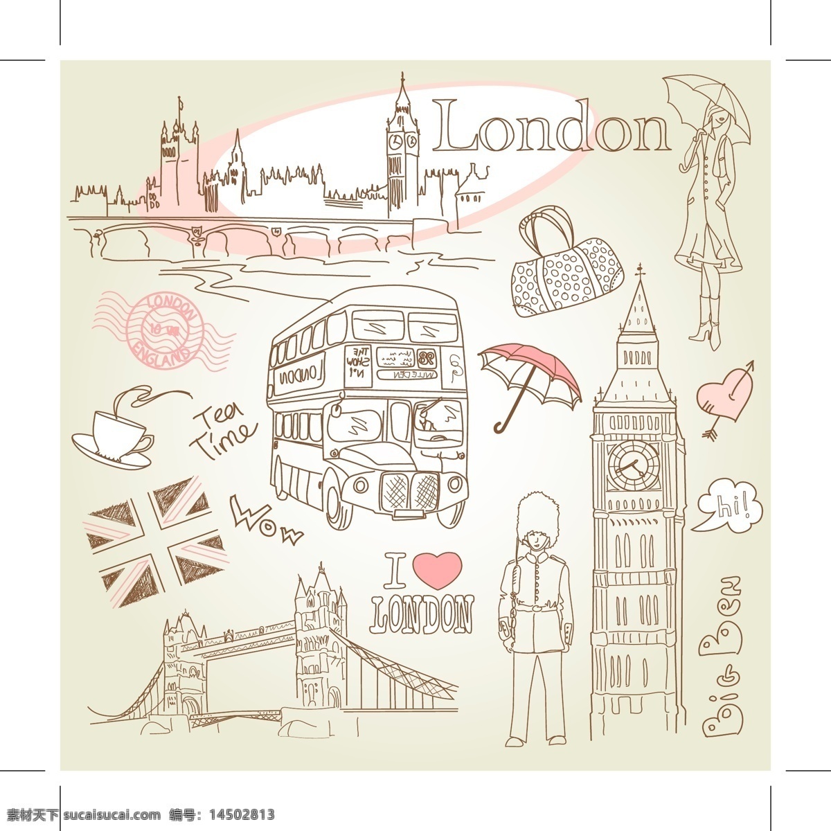 可爱 手绘 伦敦 巴黎 矢量 巴士 大笨钟 个性 卡通插画 时尚 雨伞 而菲尔铁塔 矢量图 其他矢量图