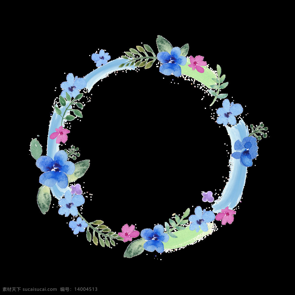 简约 蓝色 小花 手绘 花环 装饰 元素 边框 春天 淡雅 绿叶 手绘小清新 圆形