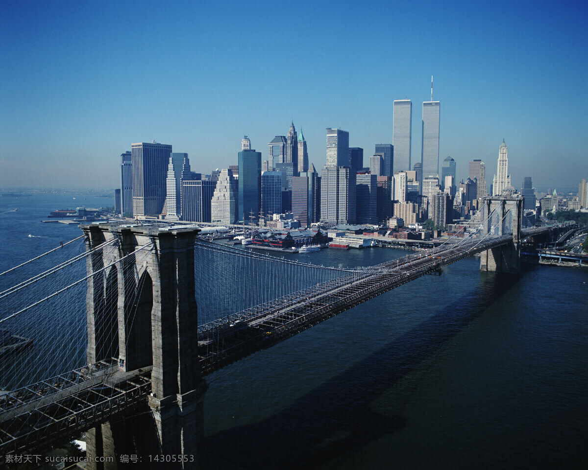 纽约 曼哈顿岛 俯瞰 东河 布鲁克林大桥 曼哈顿 摩天大厦 世贸中心大厦 帝国大厦 建筑群 标志性建筑 河面 船只 码头 蓝天 景观 建筑景观摄影 自然景观 建筑 建筑景观
