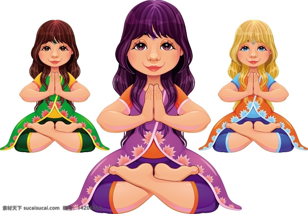 瑜伽 莲花 姿势 卡通 风格 性格 喜剧 健康 可爱 微笑 快乐 印度 宗教 运动 和平 淑女 人体 平衡 心智 放松 年轻