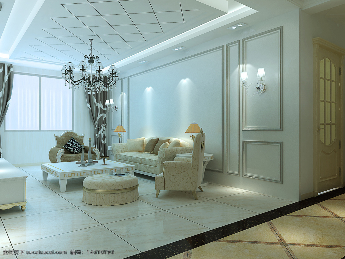 欧式客厅 护墙板 欧式布艺沙发 地面拼花 欧式门 欧式灯等 欧式 客厅 效果图 3d设计