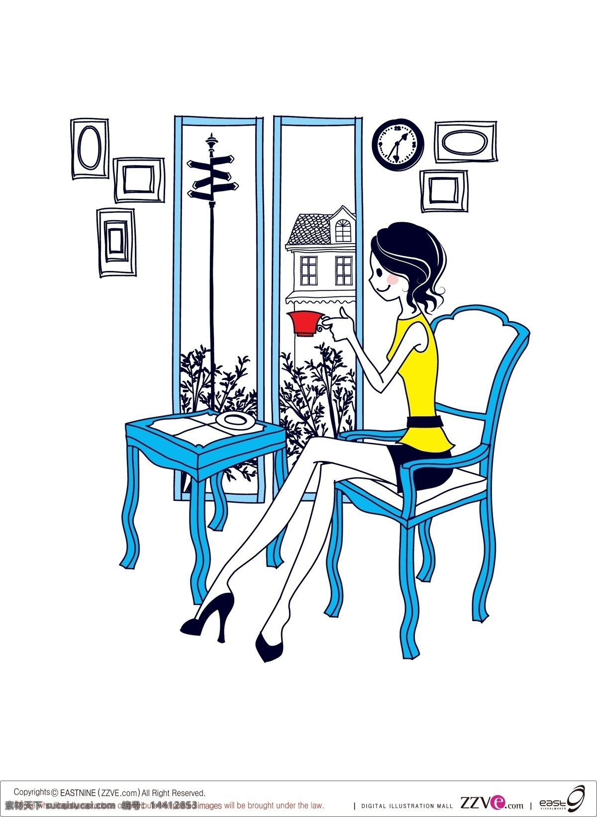 简单 绘画 女性 eps格式 杯子 窗 房子 挂画 挂钟 户外景色 可爱 矢量 线描 桌子 椅子 室内 植物 矢量图 矢量人物
