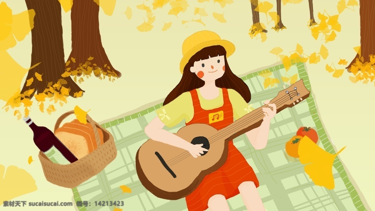 秋日 午后 草地 悠闲 吉他 音乐会 秋天 少女