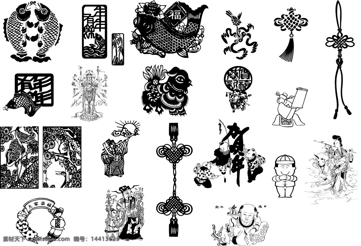 中国 新年 剪纸 风格 门 贴 矢量 传统艺术 弹簧 年年有鱼 农历新年 仙女 艺术 中国结 矢量图 其他节日