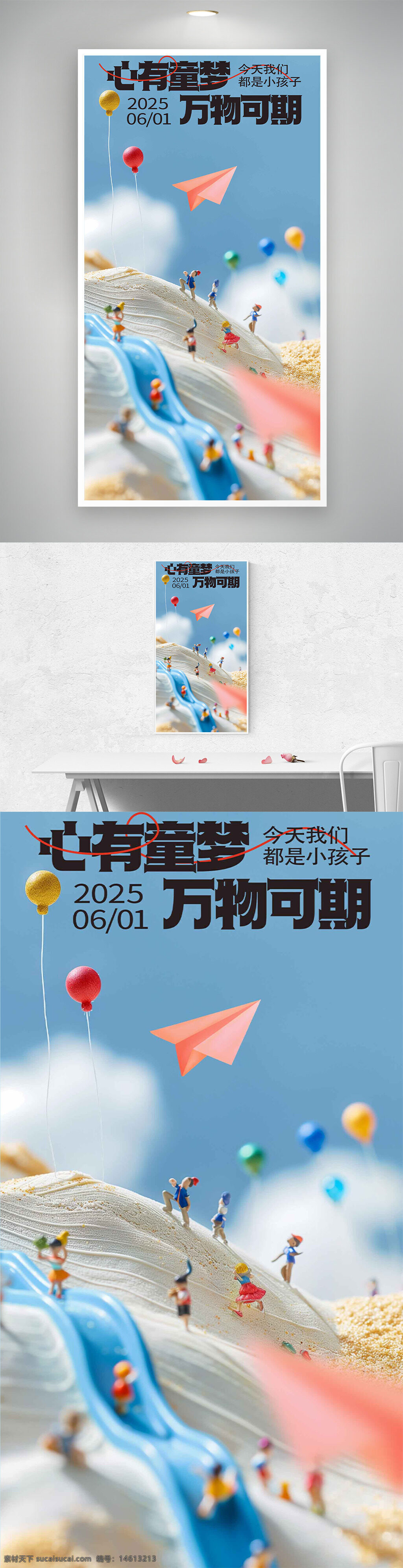 儿童节 节日海报 纸飞机 创意海报 卡通插画 彩色气球 蓝天白云 清新简约 滑滑梯 童趣氛围 万物可期