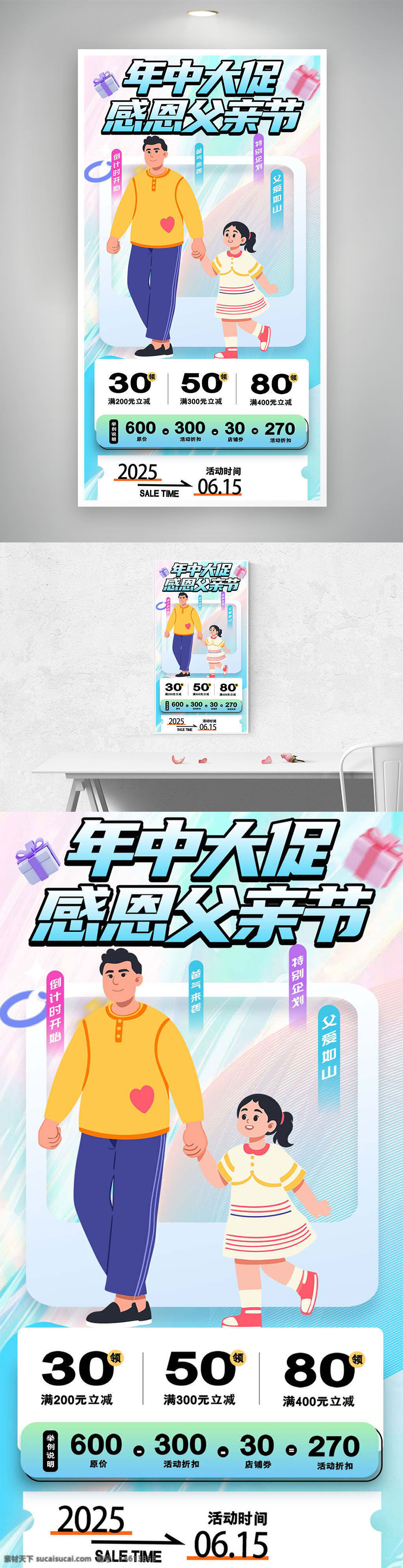 父亲节海报 促销宣传 趣味插画 年中大促 感恩父亲节 优惠券 限时活动 满减优惠 温馨亲情 亲子互动 父女形象 节日营销 礼物推荐 活动宣传 父亲节快乐