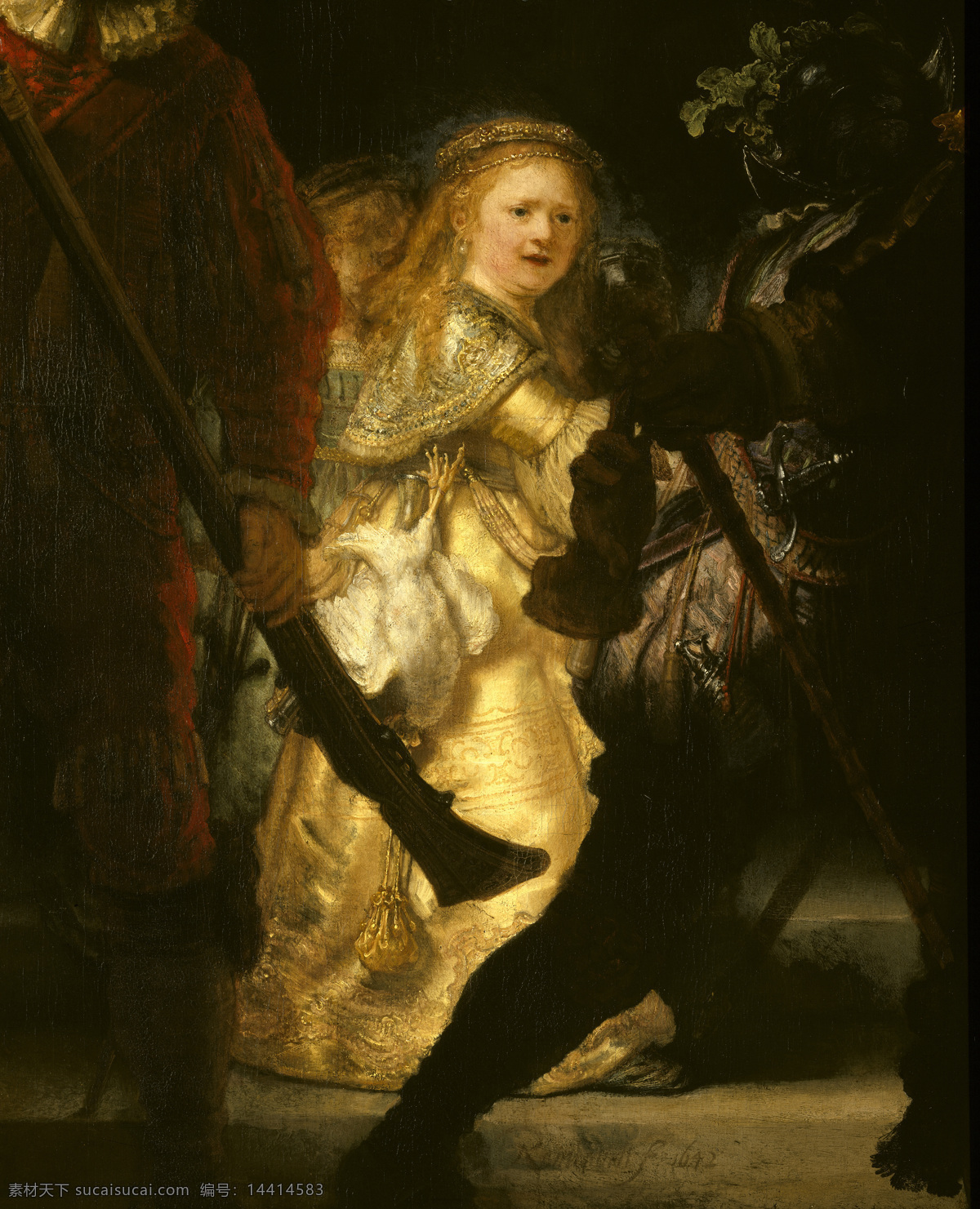 油画 伦 勃朗 古典油画 绘画书法 女子 文化艺术 油画伦勃朗 白衣服女子 拿武器的士兵 家居装饰素材