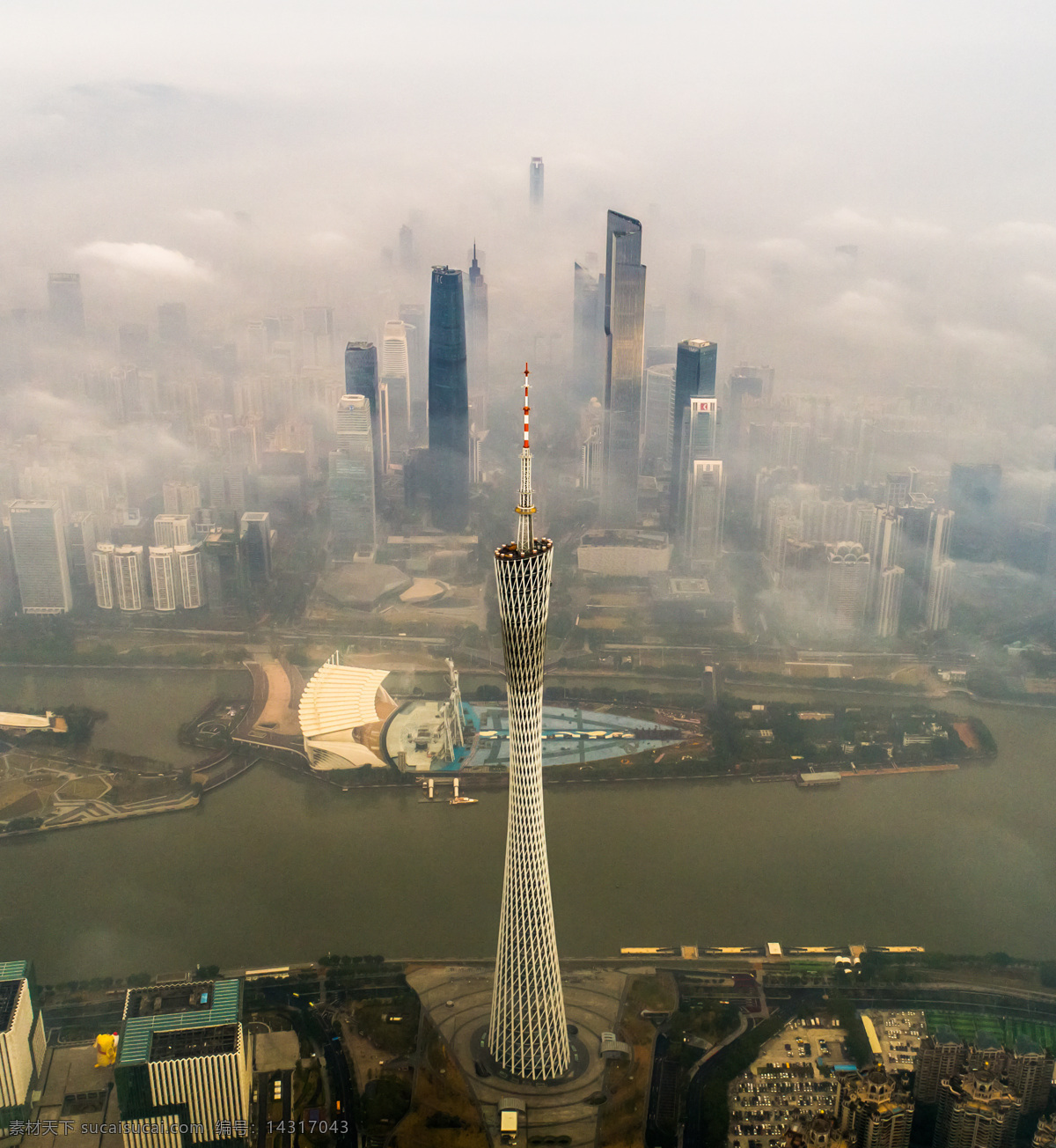 鸟瞰 广州 广州塔 珠江新城 中轴线 航拍 自然景观 建筑景观