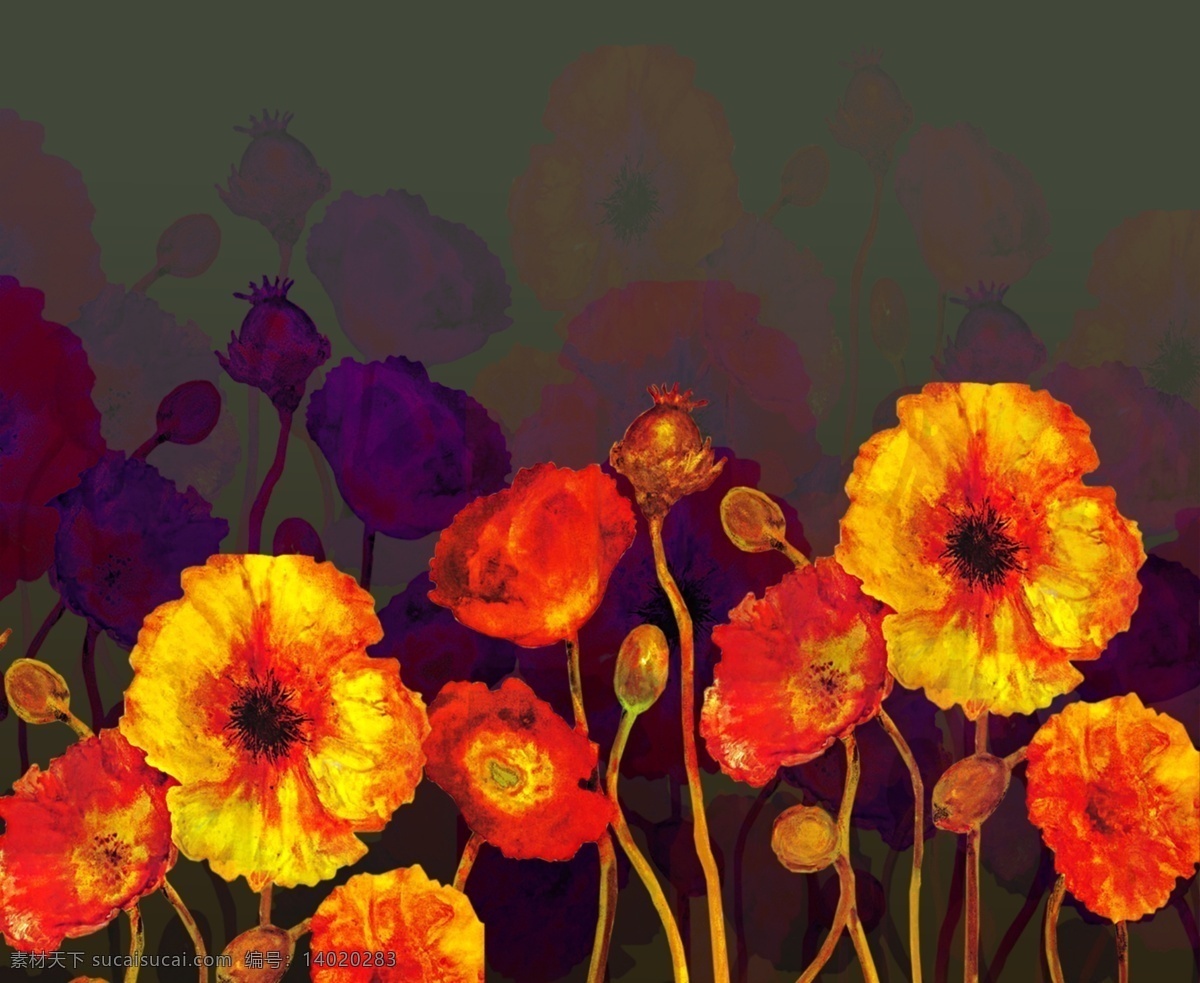 油画花卉背景 油画花朵 罂粟花 装饰画 绘画