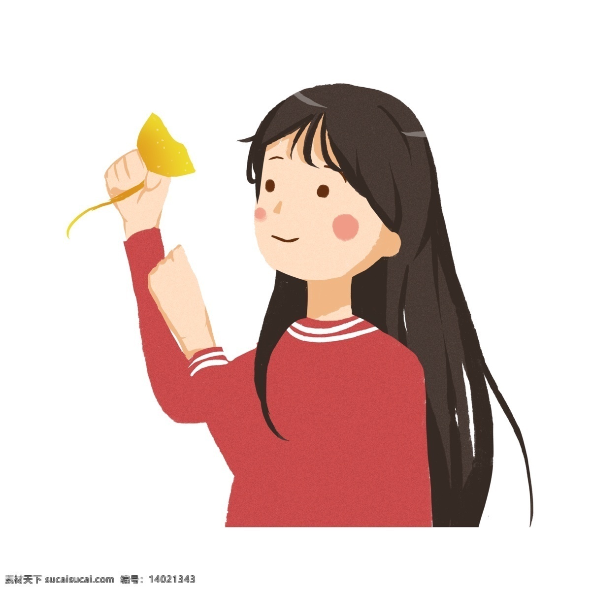手 银杏叶 红衣 长发 小女孩 卡通 元素