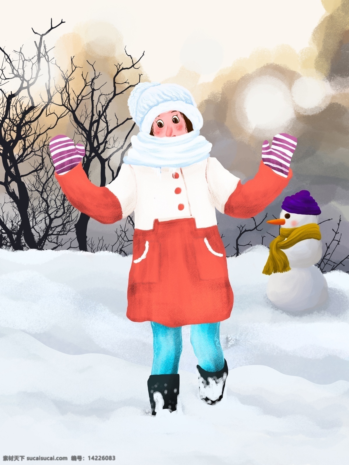 十二月 你好 冬季 户外 雪地 玩耍 小女孩 帽子 唯美 冬天 十二月你好 棉衣 围巾 雪人 肌理