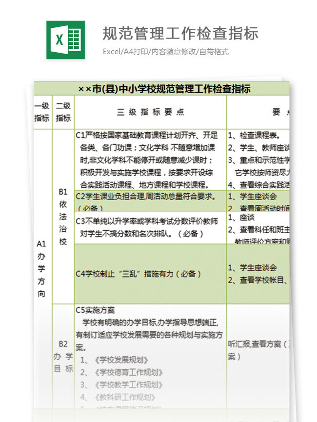 市县 中小学校 规范 管理工作 检查 指标 excel 模板 表格模板 图表 表格设计 表格