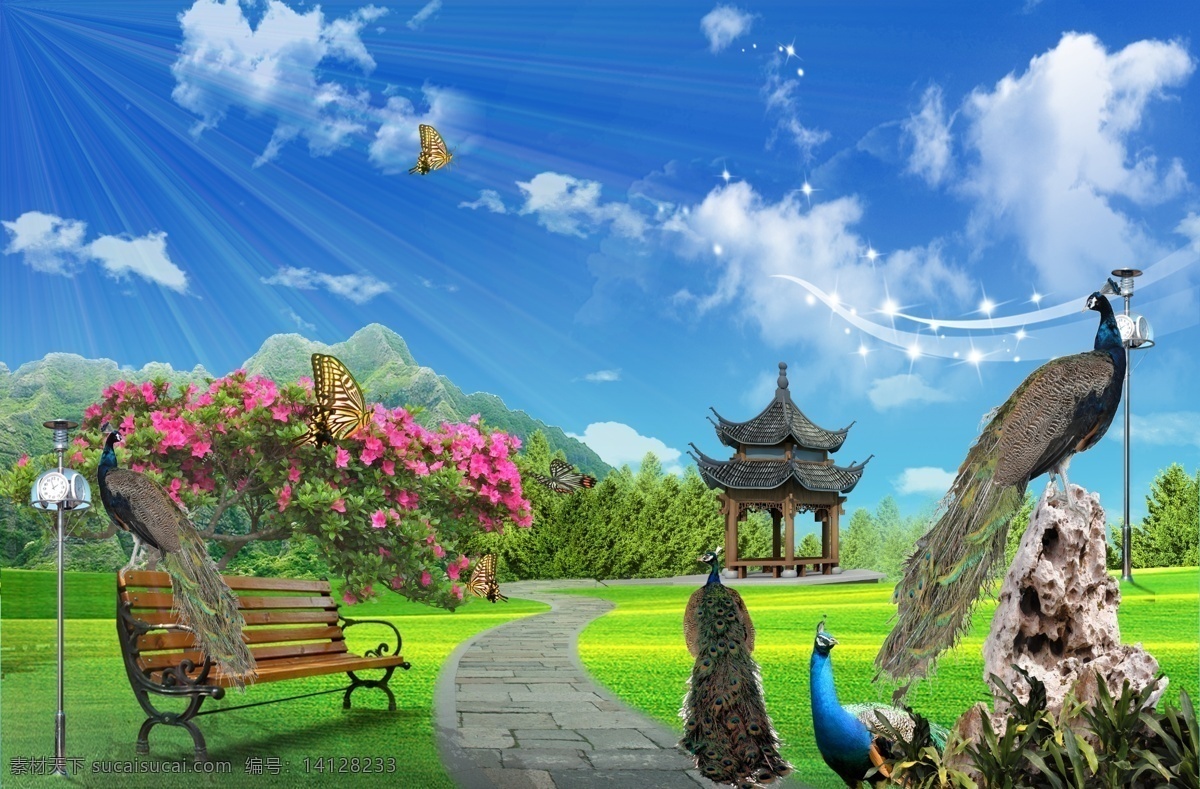 孔雀园 孔雀 青山 公园 杜鹃花 亭子 风景 分层 源文件