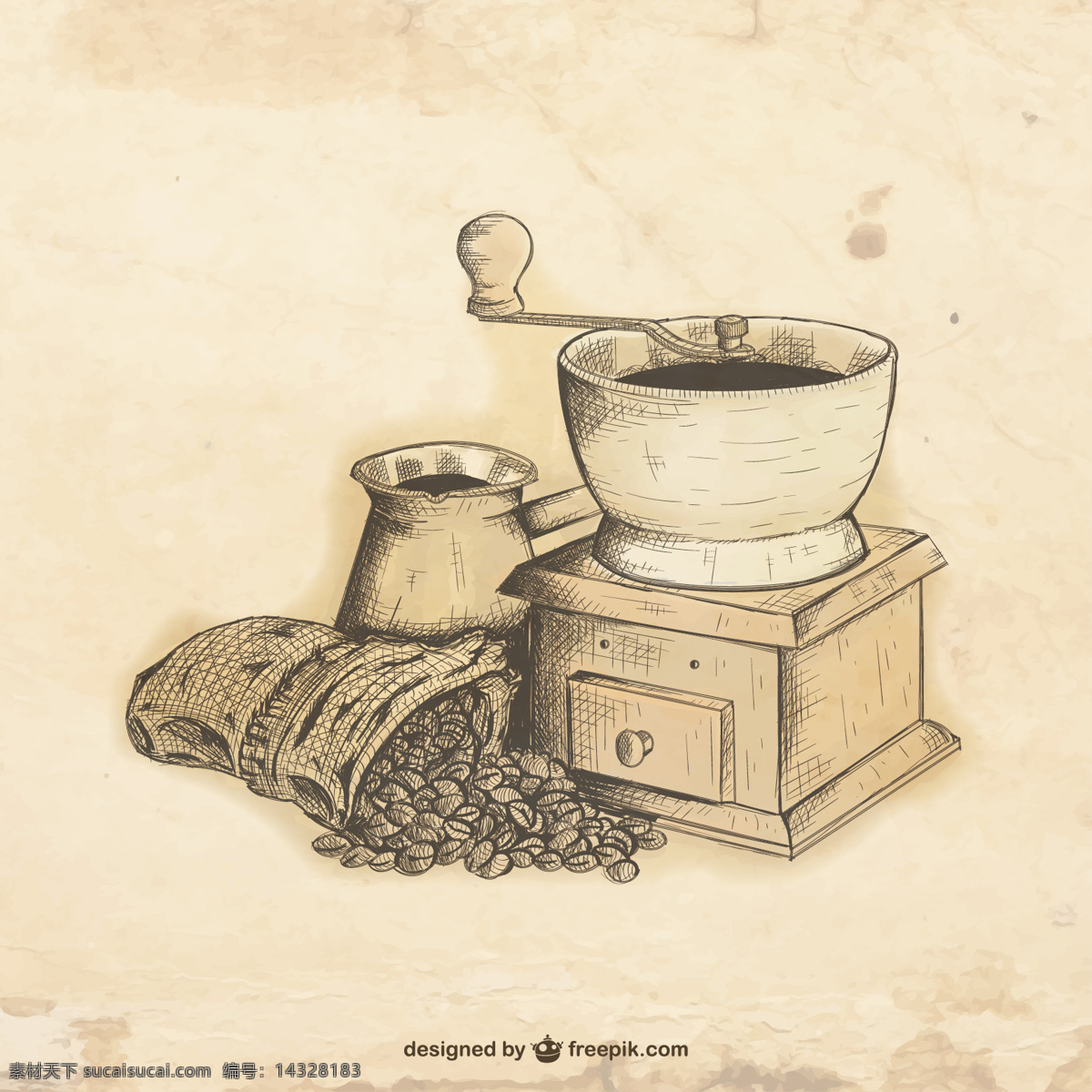 手 拉 咖啡 研磨机 葡萄酒 复古 手绘 绘画 插图 咖啡豆 复古复古 得出 豆类 粗略 磨床 白色