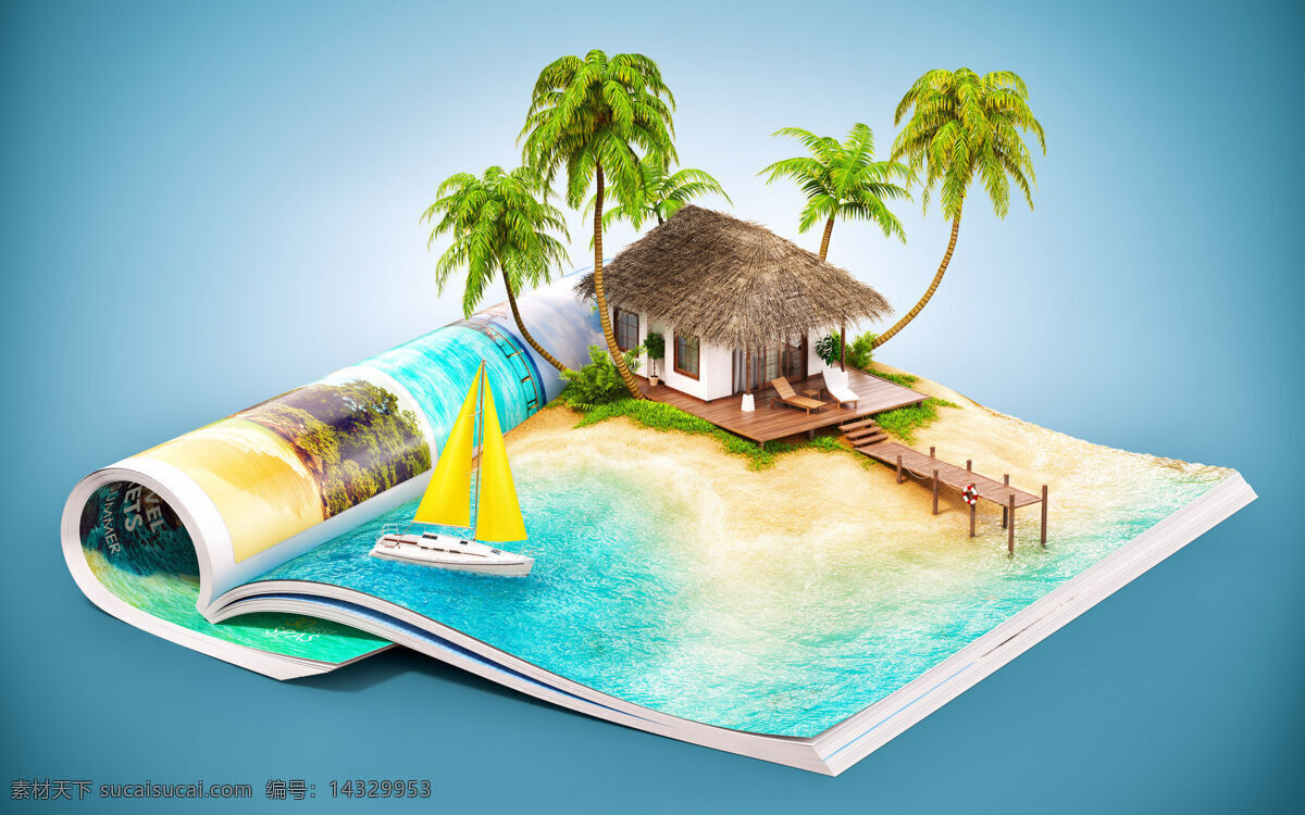 书本 度假 海岛 海滩 沙滩 海浪 码头 鸡蛋花 椰树 海星 茅草屋 渔网 蓝色 绿色 黄色 3d设计 3d作品
