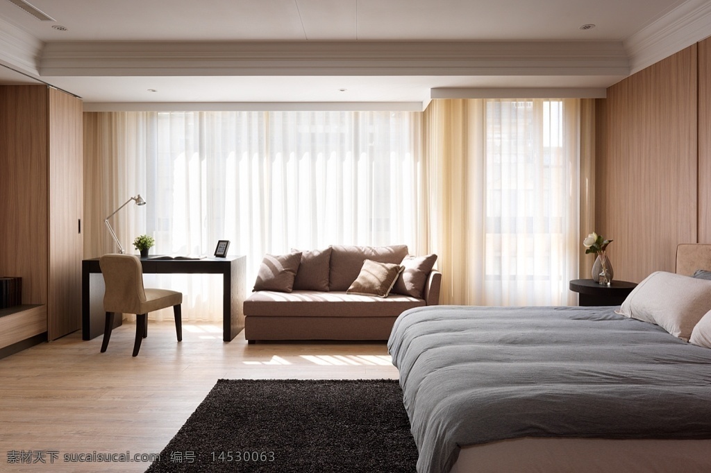 室内 卧室 现代 时尚 环保 装修 效果图 实木环保地板 大床 简约实木座椅 大落地窗 白色窗帘