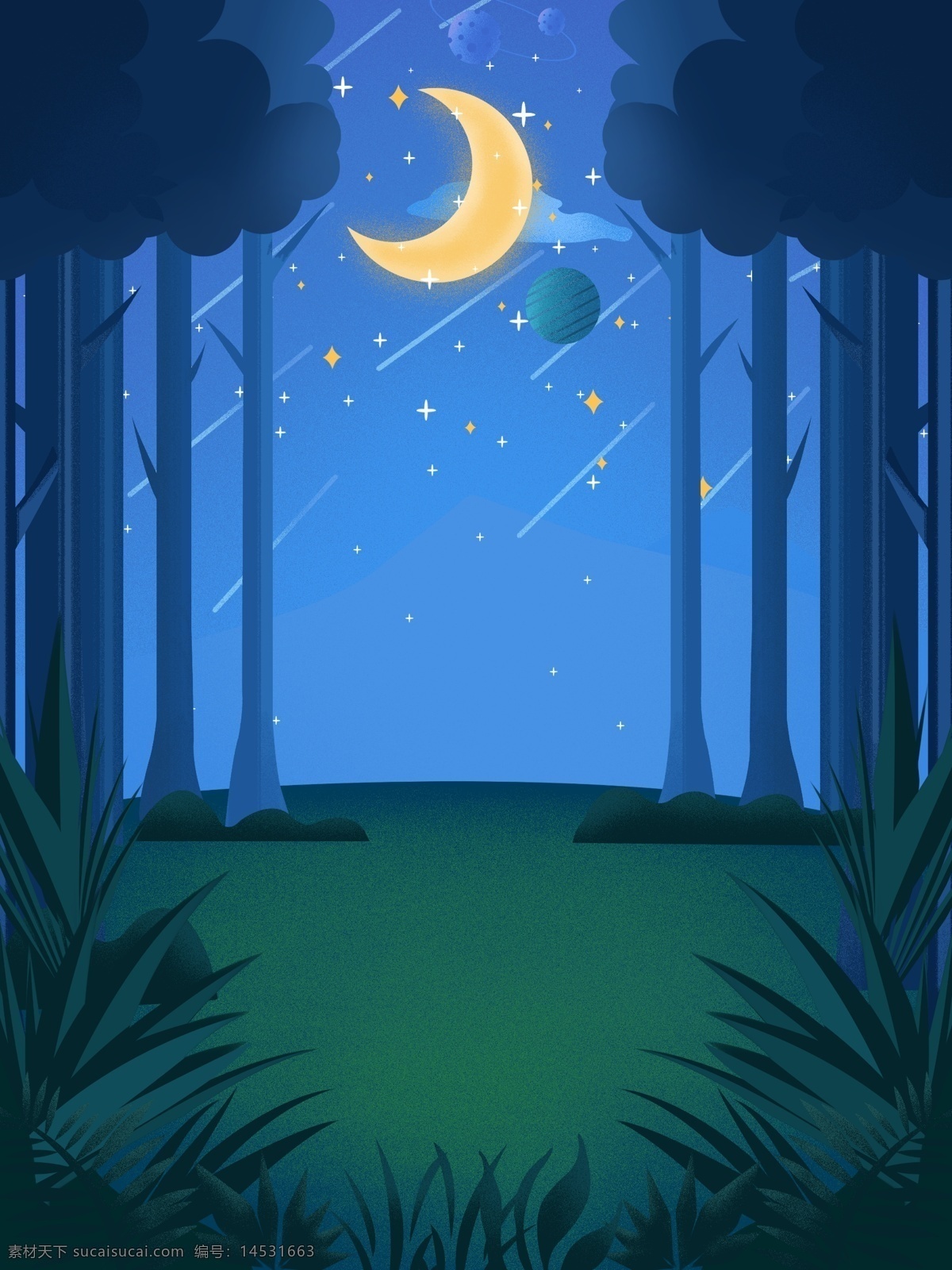 蓝色 树林 星空 晚安 背景 晚安背景 唯美 月亮 广告背景 通用背景 特邀背景 促销背景 背景展板图 背景图
