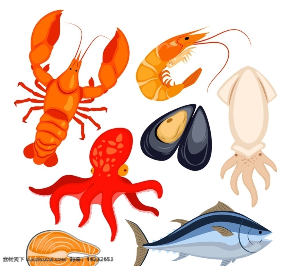 款 卡通 海洋生物 矢量 矢量素材 海鲜 龙虾 虾 乌贼 章鱼 金枪鱼 三文鱼 生物世界