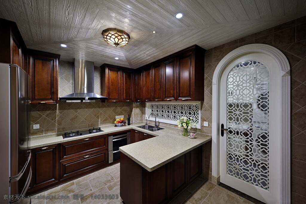 中国 风 古典 厨房 白色 射灯 装修 效果图 白色吊顶 白色地板砖 木质橱柜 灶具