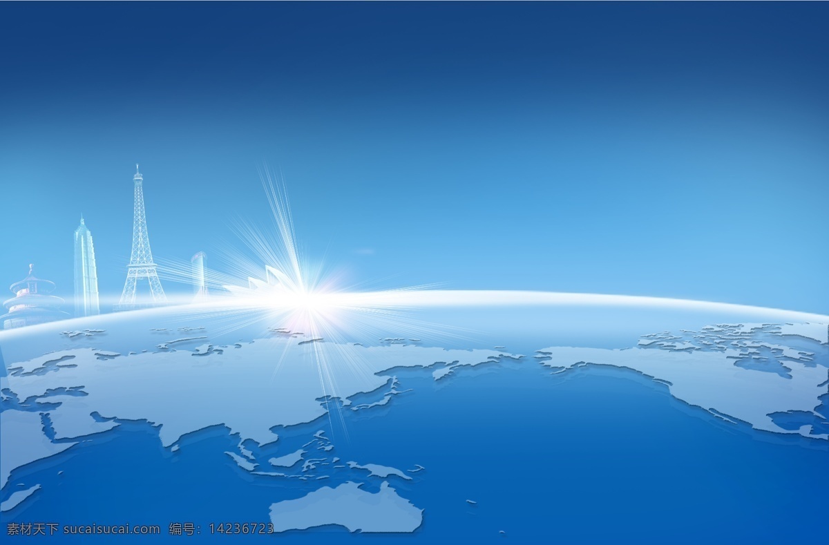 蓝色 地球 背景 分层 模板 世界地形图 极地光芒 世界著名建筑