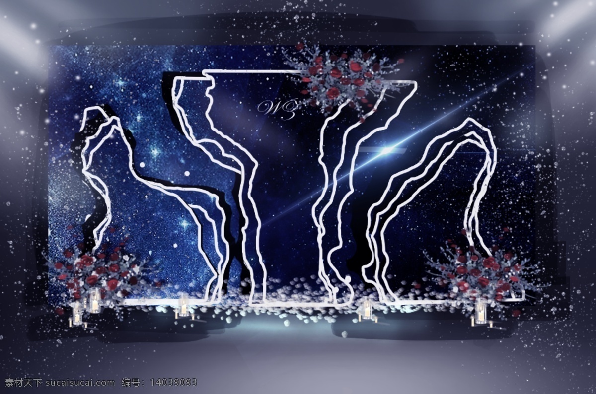 星空 异形 婚礼 迎宾 区 效果图 梦幻 神秘 灯带 蓝色婚礼 层次感 酒红色花艺 异形背景