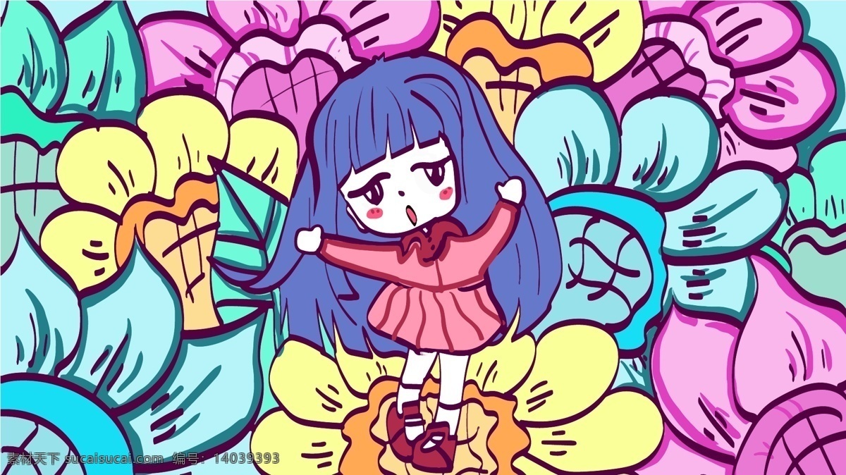 舞动 甜美 女孩 可爱 动人 森林 梦幻 花朵 插画 装饰画 花丛 公主 漂亮可爱 治愈 小清新 扁平化 多彩 紫色 头发 穿 裙子 插图 海报 壁纸 呆萌 配图 背景 手机壁纸 文章配图 朋友圈背景 电脑壁纸
