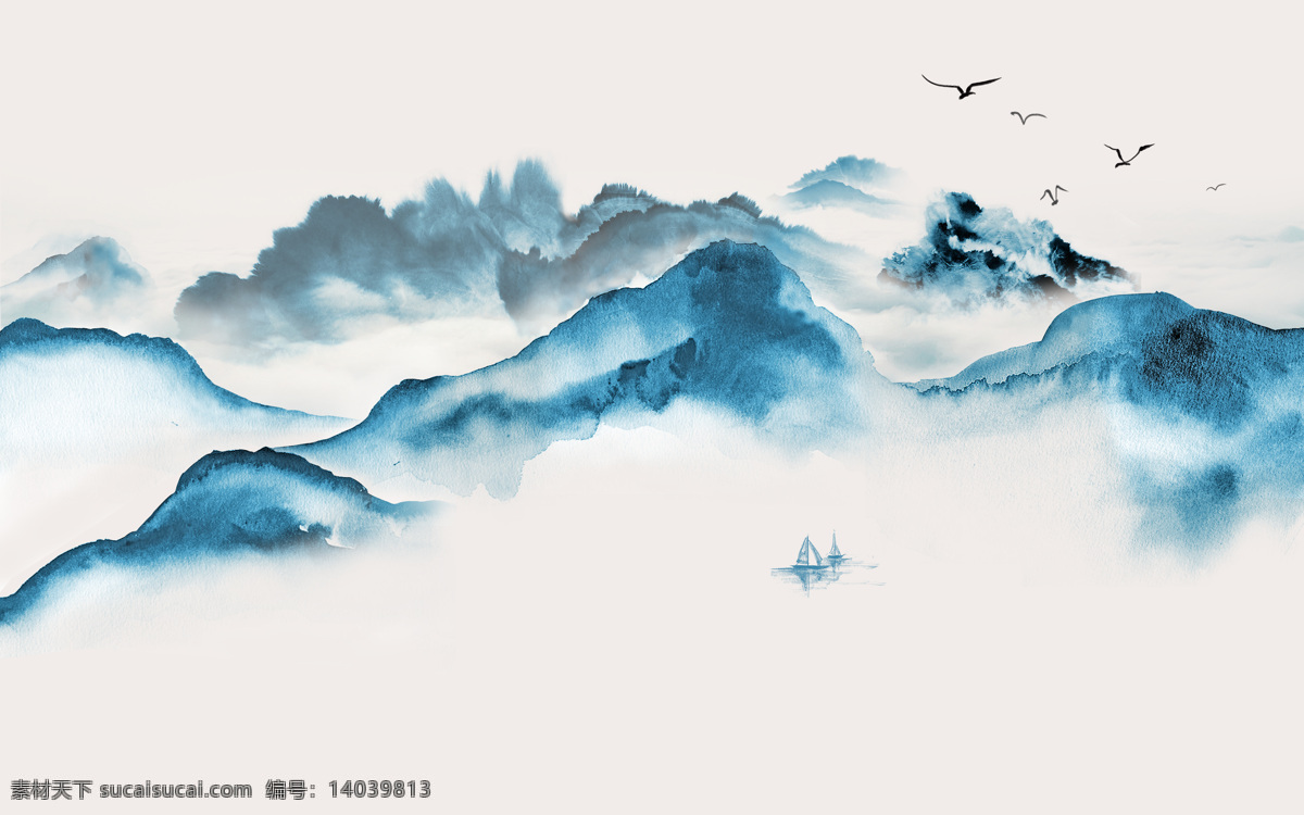 蓝色 水墨 水彩 山水风景 水墨山水 蓝色山水 彩色山水 电视背景墙 水彩山水