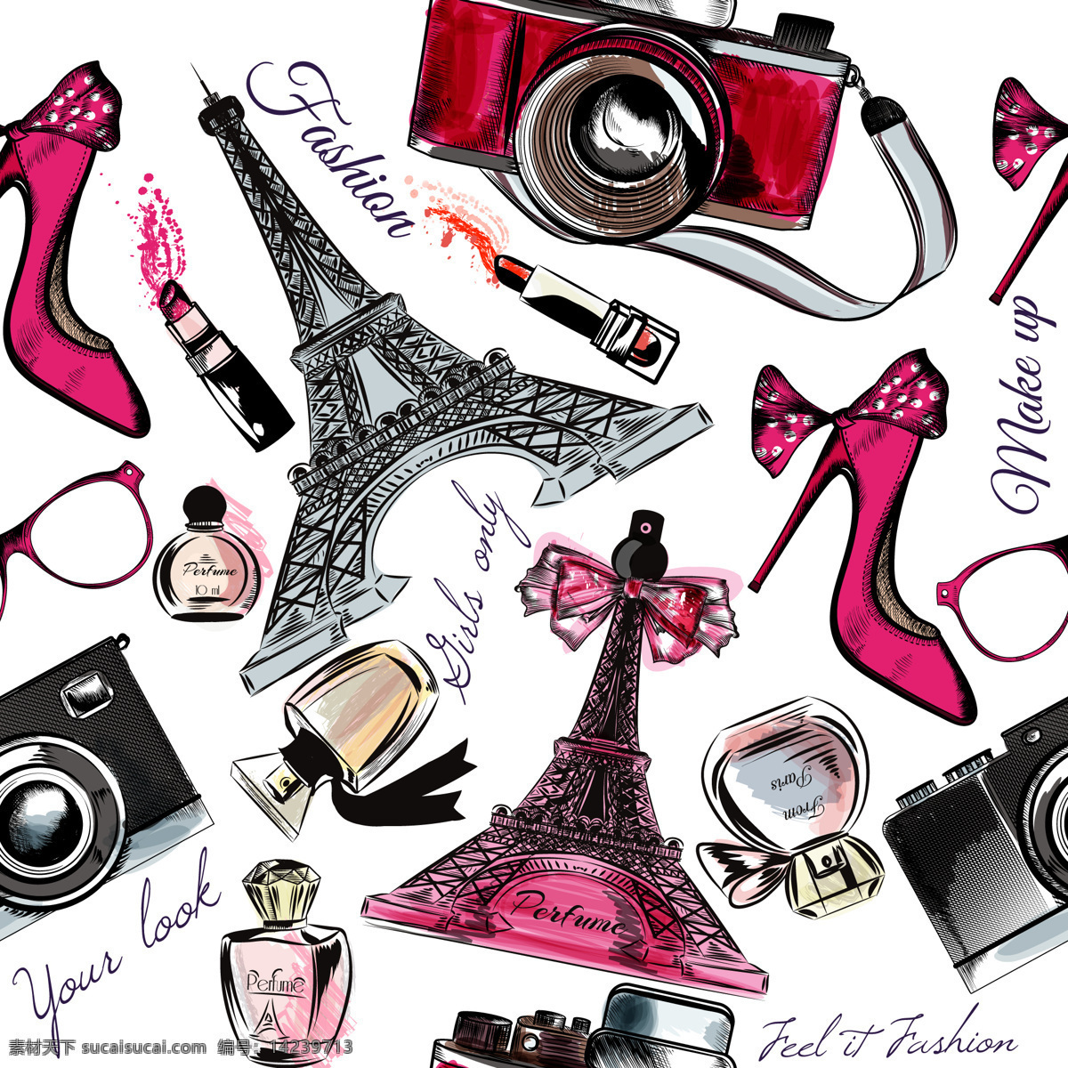 埃菲尔铁塔 背景 手绘 时尚 物件 水彩 旅游 手 相机 水彩背景 巴黎 绘画 香水 法国 口红 塔 素描 草图 艾菲尔