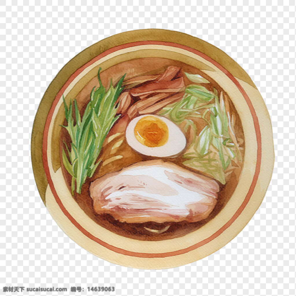拉面 日式拉面 叉烧 手绘美食 免抠素材 插画风格 棕色主题 半熟蛋 香菜 日式料理 美食插画 汤面 艺术绘画 餐饮设计 日本料理