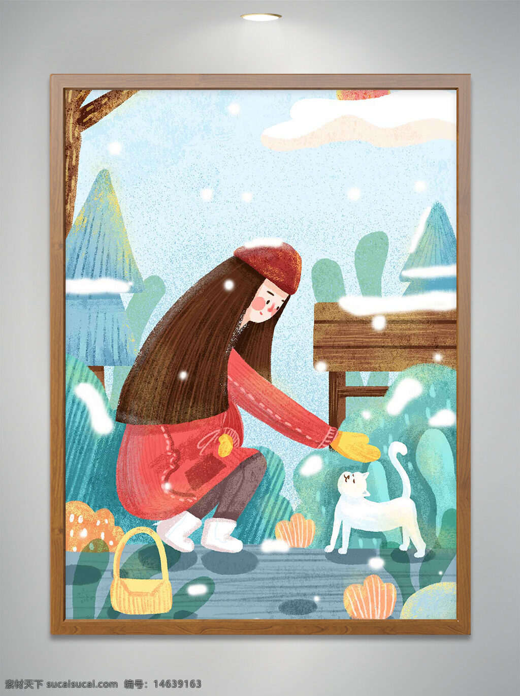 冬季雪景 白雪纷飞 卡通插画 女生插画 可爱小猫 友好互动 扁平插画 可爱治愈 暖色调 猫咪 手绘风格