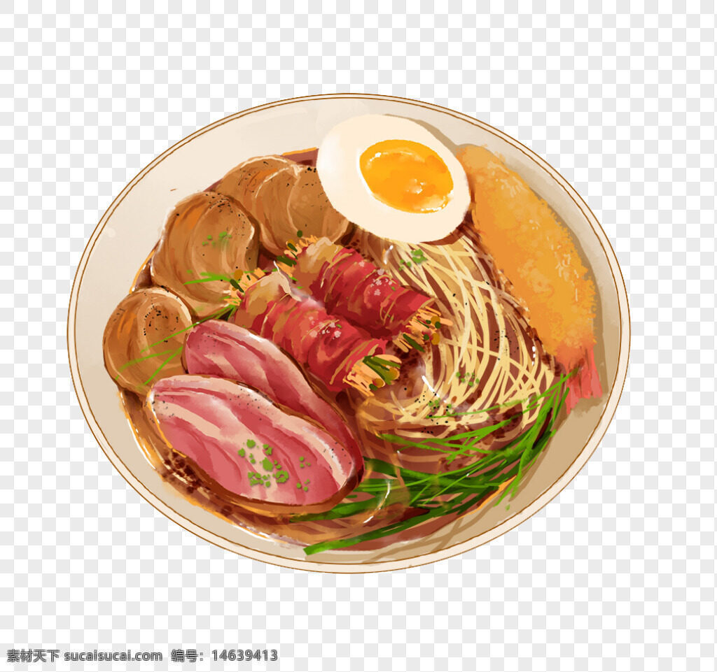 日式拉面 叉烧肉 培根 金针菇 天妇罗 汤面 手绘插画 美食插画 日式美食 半熟蛋 拉面碗 美食艺术 汤汁浓郁 日式料理 免抠素材