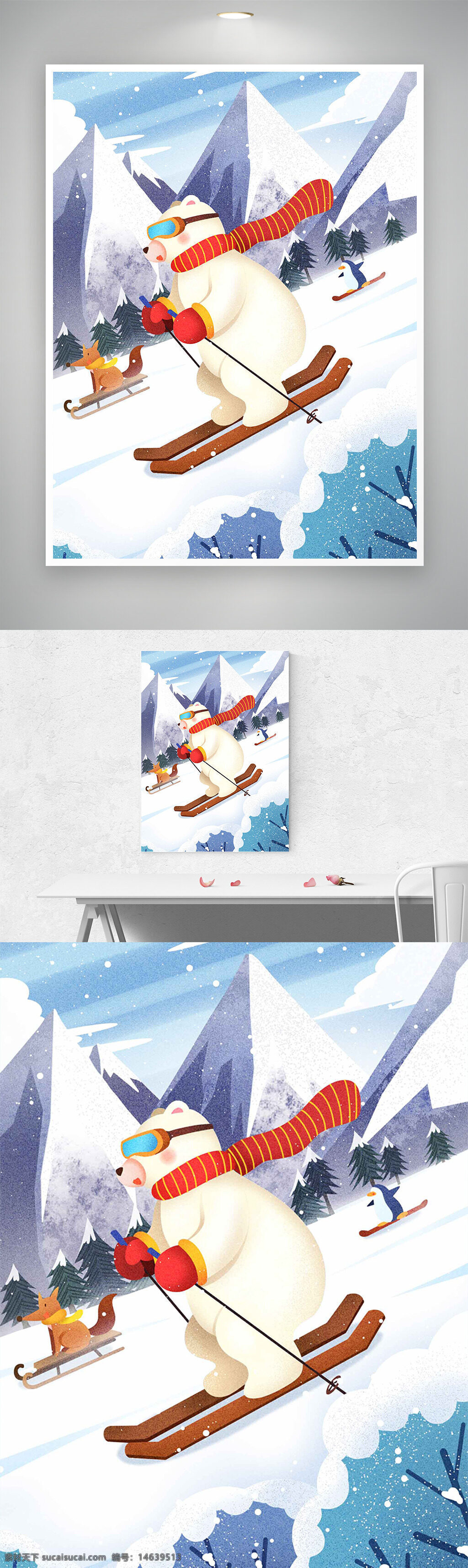 卡通插画 手绘风格 森林动物 滑雪主题 冬季场景 雪山背景 滑雪熊 红色围巾 滑雪板 动物运动 萌趣风格 极地风情 雪地场景 户外运动 冰雪世界