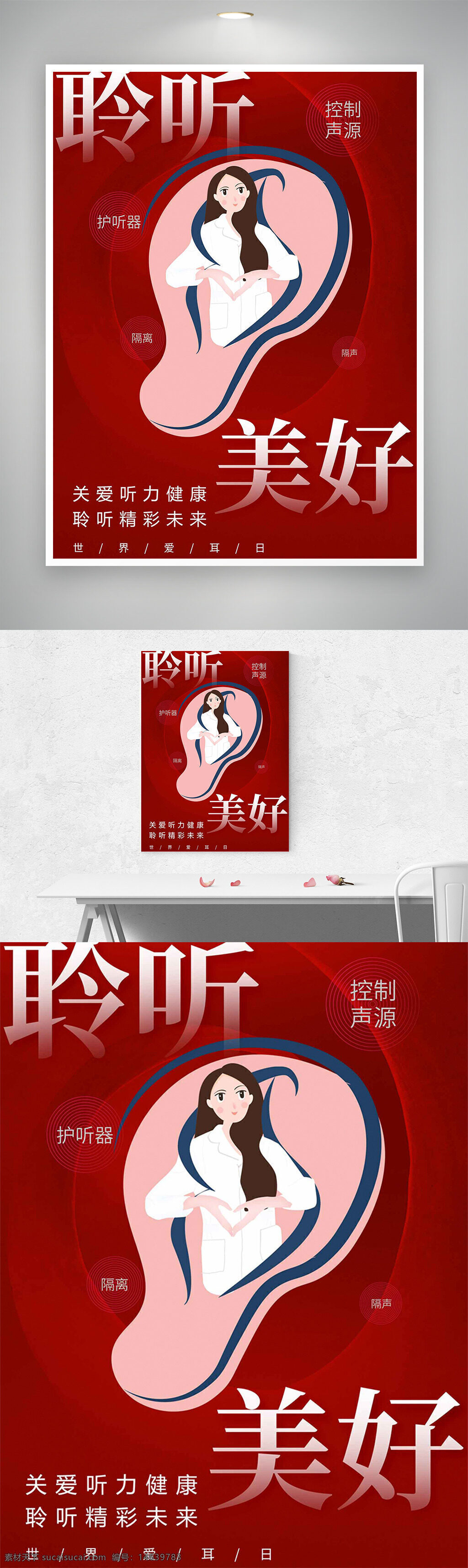 聆听美好 红色背景 手绘插画 世界爱耳日 海报设计 护听器 控制声源 听力健康 关爱听力 节日海报 耳朵插画 宣传海报 健康宣传