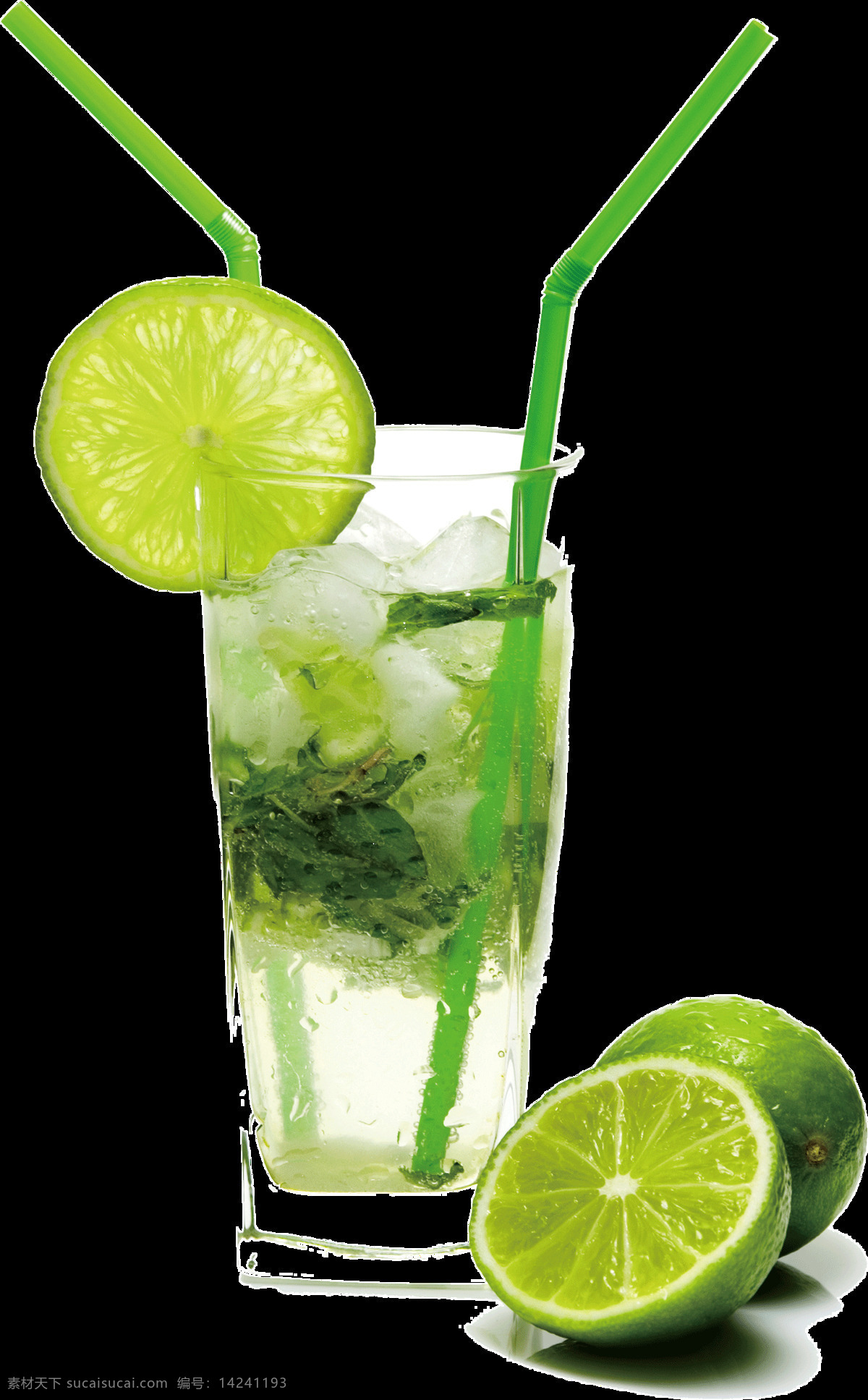 清凉 夏日 柠檬 元素 透明 玻璃杯 冰块 果汁 绿色柠檬 实物 免抠