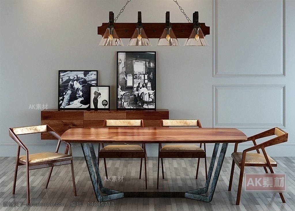 餐桌椅组合 餐边柜 装饰画 餐厅吊灯 家具模型 loft风格 陈设品 工业风模型 3d设计 室内模型 max