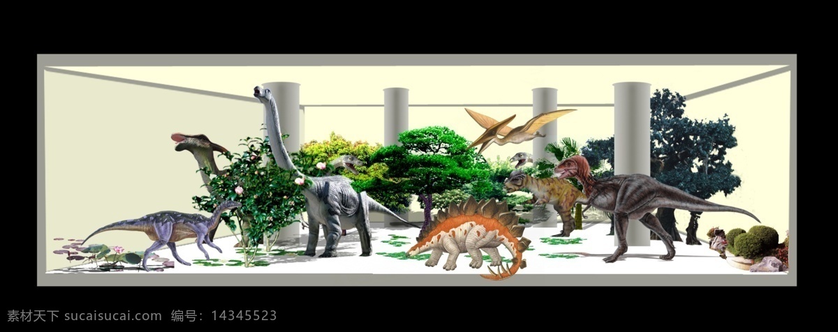 恐龙 恐龙展厅 室内展厅 植物 恐龙场景 分层 源文件