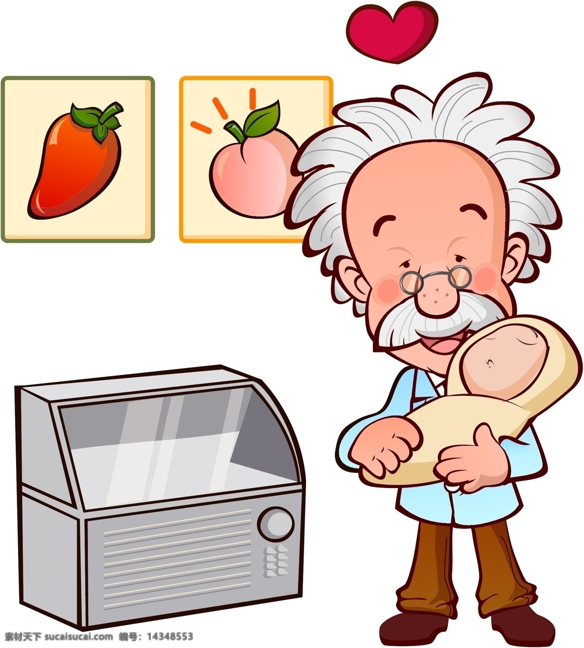 抱 婴儿 老 医生 插画 抱着婴儿 老医生 保温箱 水果 职业人物 卡通形象 矢量人物 矢量素材 白色