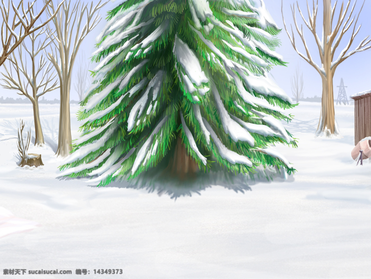 美丽 卡通 雪景 冬天 冬季 树木 白雪 雪地 卡通风景 自然 插画 手绘 绘画 儿童画 高清图片 雪景图片 风景图片