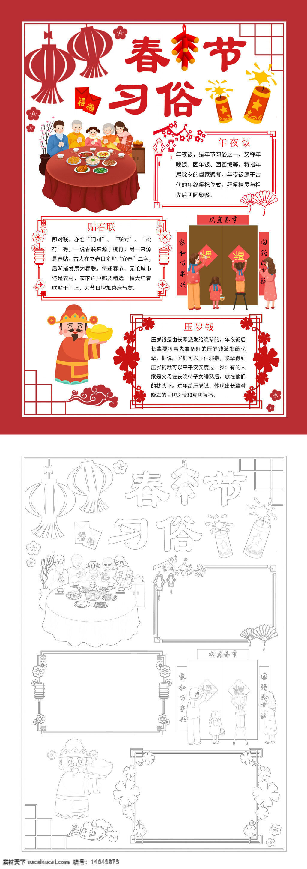 春节习俗 年夜饭 贴春联 压岁钱 家庭团聚 传统节日 年画装饰 灯笼祈福 烟花庆祝 团圆聚餐 春节手抄报 小清新 民俗文化 喜庆氛围 新春祝福
