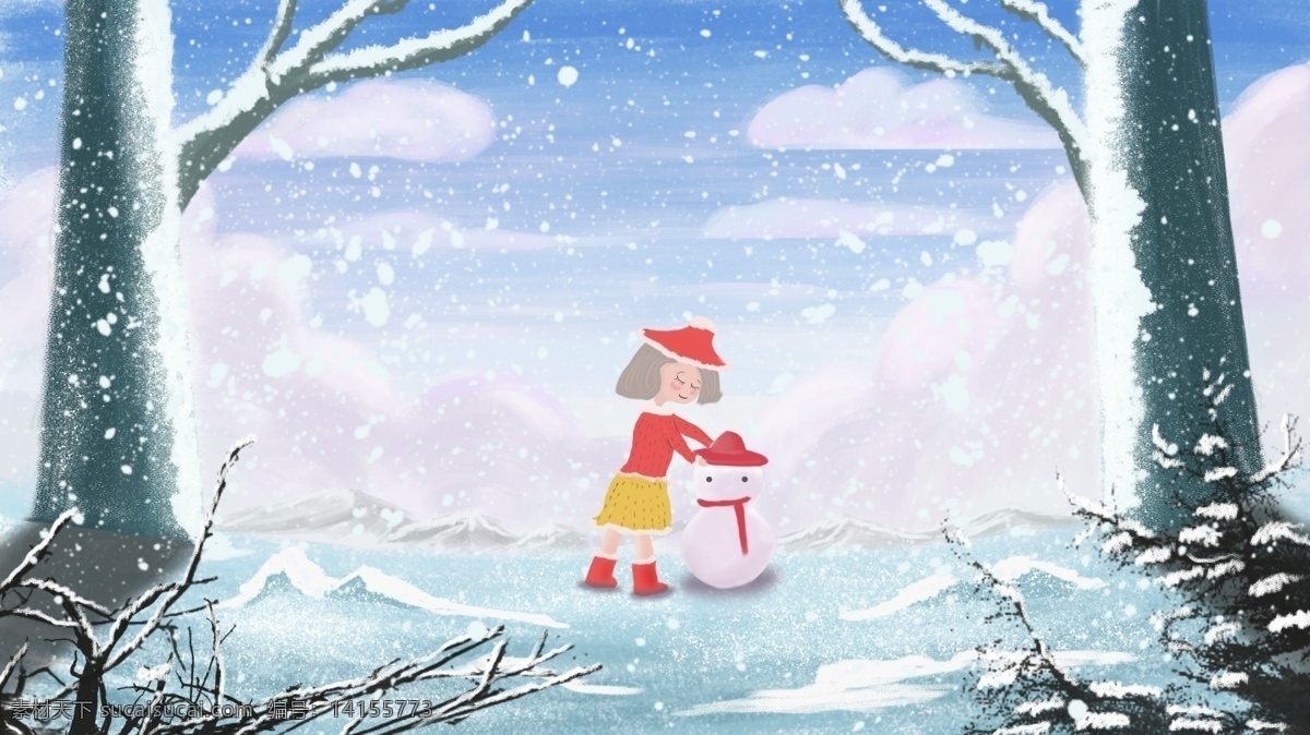 立冬 冬季 小雪 大雪 冬天 里 堆 雪人 小女孩 插画 雪景 森林 堆雪人 小红帽 漫天飞雪 文章配图