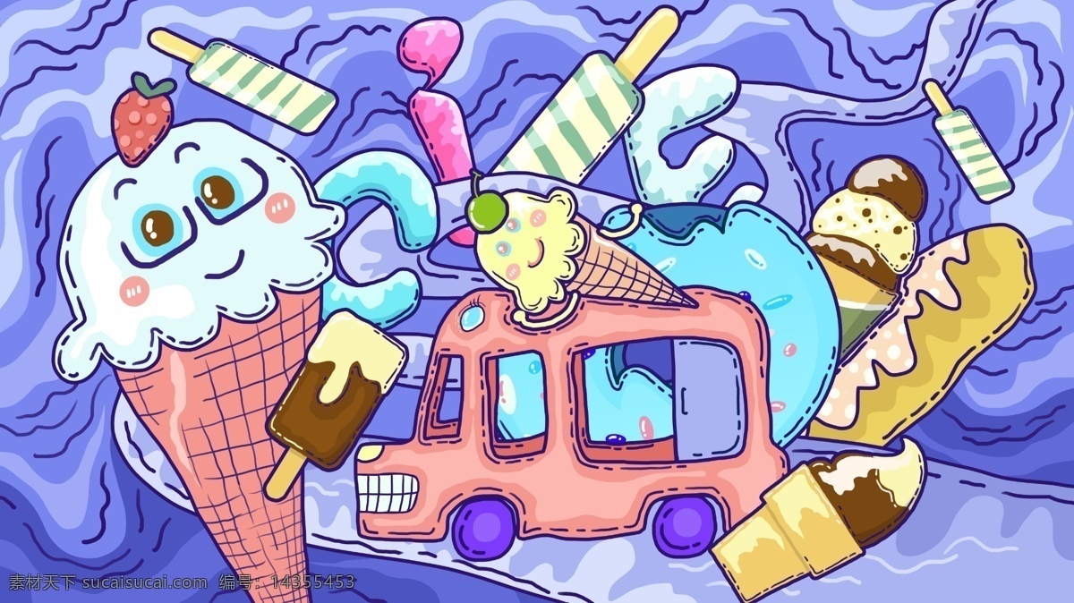 涂鸦 modern 风格 可爱 冰淇淋 世界 字母 卡通 雪糕 美食 涂鸦风格 冰淇淋世界 甜筒 冰棒 冰淇淋车
