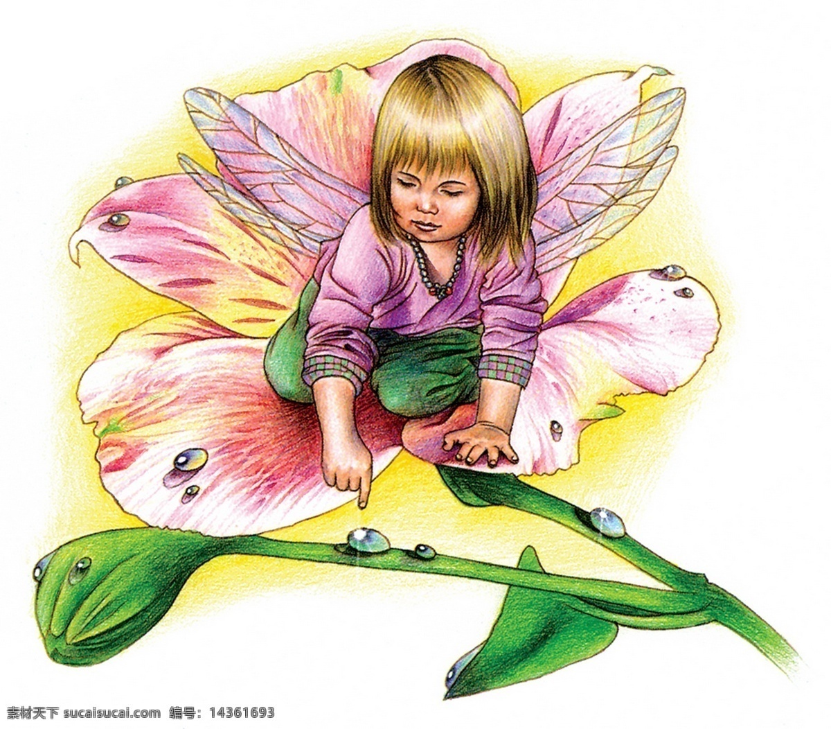 插画 插图 翅膀 动漫 花 绘画书法 精灵 绿叶 花朵与天使 小仙女 天使 欧洲 神话 童话 文化艺术 插画集